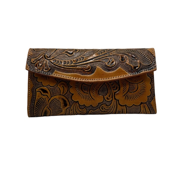 Women’s Yellow Brown Trifold Floral Tooled Leather Wallet - Picture 1 of 3